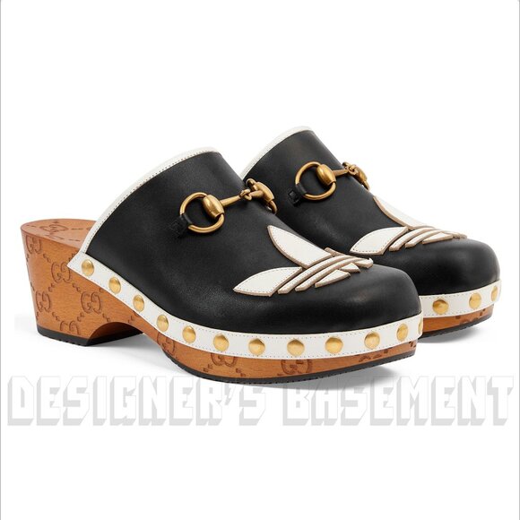 GUCCI x Adidas 36.5EU - 6.5US black Leather Trefoil logo GG platform Clogs shoes - Picture 1 of 12